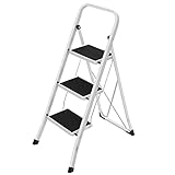 SONGMICS Trittleiter, Leiter mit 3 Stufen, Klapptritt, Klappsicherung, einfach zu verstauen, bis 150 kg belastbar, basisweiß GSL03WT