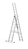 DRABEST Leiter PRO Serie Schiebeleitern 3-teilig Vielzweckleiter 3x10 Stufen Alu Leiter Arbeitshöhe 6 m Belastbarkeit 150 kg inkl. Eimerh