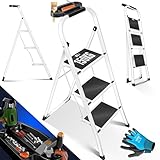 MASKO® Trittleiter Klappleiter 3 Stufen-Leiter Stufenleiter belastbar bis 150 kg | Tritthocker Anti-Rutsch | Klapptritt Leiter inkl. Handschuhe, Werkzeugablage & automatisches Schloss, Weiß