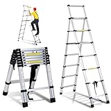 Ikodm 2.0m+2.3m Aluminium Teleskopleiter Klappleiter A-Rahmen 6 + 7 Stufen, Ausziehleiter für Dachreparaturen, gefaltete Größe 69cm, 150 kg Tragfähig