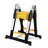 Cecaylie 3.8M Teleskopleiter A Frame, Aluminium Klappleiter Mit Dreiecksstabilisator, Tragbare Teleskop-Ausziehleiter Max Belastung 150 kg (1,9M+1,9M-Schwarz)