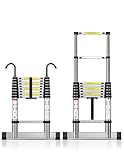 TECKNET Teleskopleiter 2,6m, Belastung 150kg/ 330lbs, Aluleiter Ausziehbar mit Stabilisatorstange und abnehmbaren Haken, Mehrzweckleiter für Dachboden Büro Wohnmobil Kletter