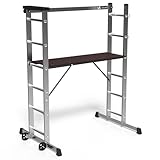 VOUNOT Alu Leitergerüst 3 in 1, Baugerüst Alugerüst Gerüst, Aluminium Leiter und Gerüst, Arbeitsbühne bis 150KG Belastbar, 2x6 Spross