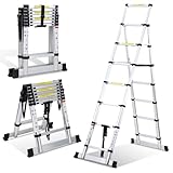 Lospitch 2M+2.3M Teleskopleiter Klappleiter, Rutschfester Aluleiter Mehrzweckleiter Ausziehbare Leiter, A-Rahmen 6+7 Sprossen Aluminiumleiter, 150 kg Tragfähig
