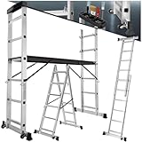 TecTake Gerüst, Leiter 4 in 1, Mobile Mehrzweckleiter, Arbeitsbühne, Baugerüst, Alu Gerüst, Rollgerüst mit Arbeitsplattform, Haushaltsleiter, belastbar bis max. 150 Kg - Silber