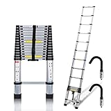 Jopassy 4,4M Teleskopleiter mit 2 Abnehmbarem Haken, Rutschfester Aluminium Stehleiter, 150 kg/330 Pfund Belastbarkeit Ausziehbare Leiter, Aluminiumleiter mit Tragegriff, Mehrzweckleiter