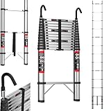 5M Teleskopleiter mit Haken Edelstahl Leiter Klappleiter Ausziehleiter Stehleiter Rutschfester, Teleskop-Design, aus hochwertigem Edelstahl, Tragbar, Leichte, 150 kg Belastbar