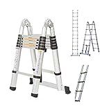 3,8m (1.9+1.9) Mehrzweckleiter Schiebeleitern Teleskopleiter Hochwertiges Aluminium Ausziehbare Klappleiter Anti-Rutsch für Hochklettern/Büro/Loft Haushaltsleiter 150kg Belastbar