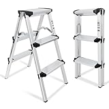 kisidus Trittleiter 2 x 3 Stufen, Alu Klapptritt, Stehleiter beidseitig begehbar, Haushaltsleiter bis 150 kg belastbar, Stufenleiter, Mehrzweckleiter, Silber