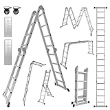 Ikodm 4x4 Stufen Mehrzweckleiter 4,7 m 7 in 1 Aluminium Multifunktionsleiter bis 150 kg mit 2 Transport Rollen und 2 Plattform, Gelenkleiter Klappleiter Stehleiter Aluleiter