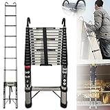 Teleskopleiter Klappleiter 5M Ausziehbare Leiter mit 2 Haken, Rutschfester Stahlleiter Mehrzweckleiter Ausziehleiter Anlegeleiter, 101cm bis 5,0m Teleskop Ausziehleiter, 150kg Belastbarkeit (5M)